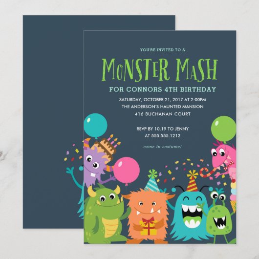 VERZOEK VAN MONSTER MASH KIDS BIRTHDAY PARTIJ KAART (Voorkant / Achterkant)