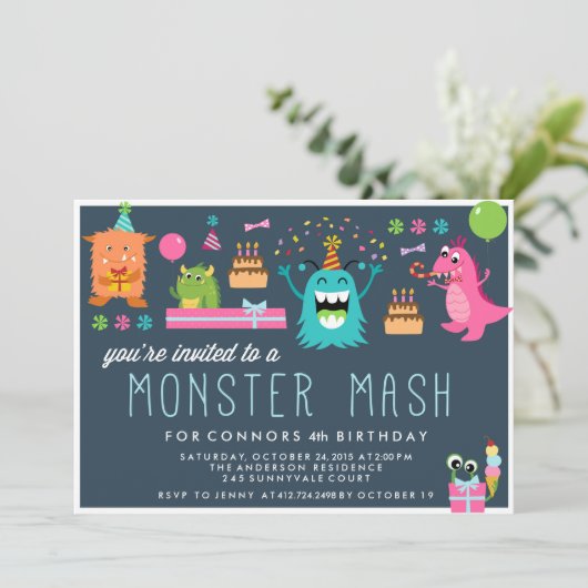 VERZOEK VAN MONSTER MASH KIDS BIRTHDAY PARTIJ KAART (Staand voorkant)