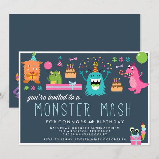 VERZOEK VAN MONSTER MASH KIDS BIRTHDAY PARTIJ KAART (Voorkant / Achterkant)