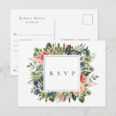 Verzoek van Navy Coral Floral Wedding RSVP Song Uitnodiging Briefkaart (Voorkant / Achterkant)