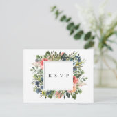 Verzoek van Navy Coral Floral Wedding RSVP Song Uitnodiging Briefkaart (Staand voorkant)