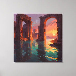 Verzonken Ruïnes - Landschapsillustratiestijl Canvas Afdruk