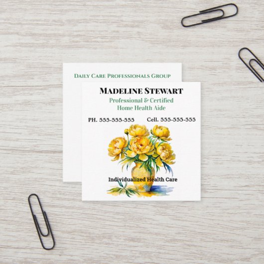 Verzorger Yellow Peony Square Professional Vierkante Visitekaartje (Voorkant / Achterkant in situ)