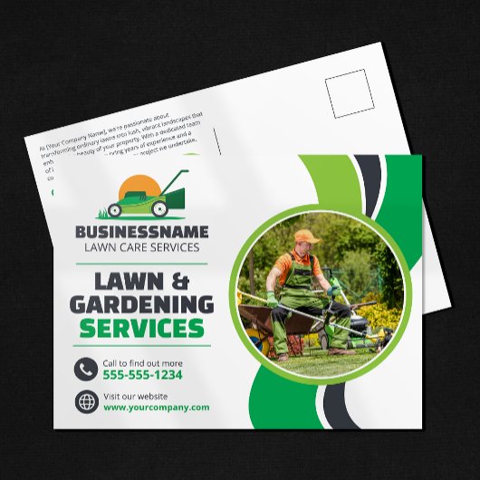Verzorging van gazons, grasmaaien, mulchen, aanleg briefkaart