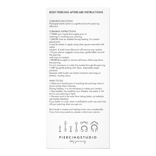 Verzorgingsinstructies Lichaamspiercing Modern Reclamekaart (Voorkant)