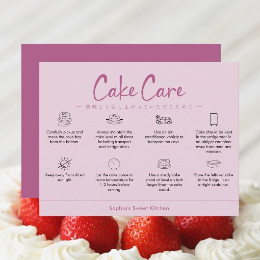 Verzorgingsinstructies voor cake Roze Minimalistis Bedankkaart