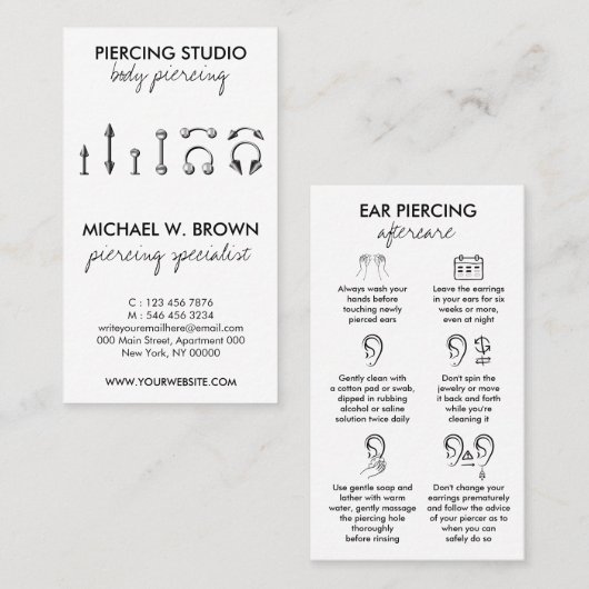 Verzorgingsinstructies voor oor piercing visitekaartje (Voorkant / Achterkant)