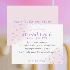 Verzorgingsinstructies voor roze spikkelsbrood bedankkaart