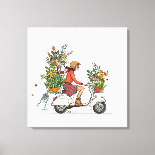 Vespa Scooter meisje met bloemen Canvas Afdruk