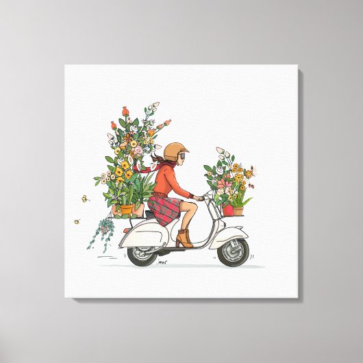 Vespa Scooter meisje met bloemen Canvas Afdruk (Voorkant)