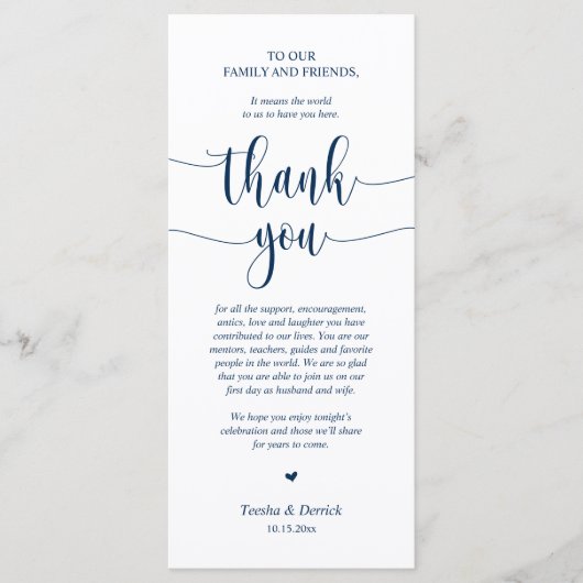 Vestiging bruiloft Hartelijk dank, Navy Blue Card Programmakaart (Voorkant)