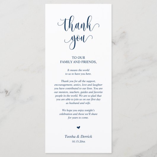 Vestiging bruiloft Hartelijk dank, Navy Blue Card Programmakaart (Voorkant)