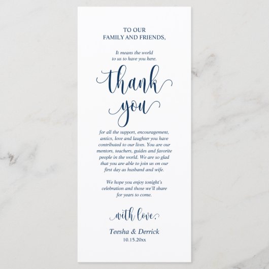 Vestiging bruiloft Hartelijk dank, Navy Blue Card Programmakaart (Voorkant)