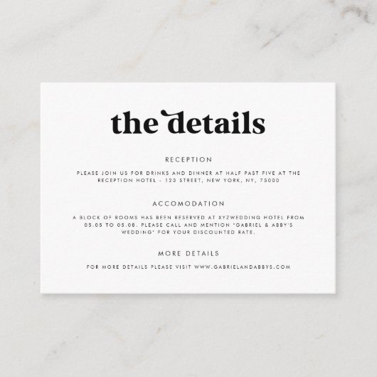 Vet 70s Retro Script Typography Details Wedding Informatiekaartje (Voorkant)