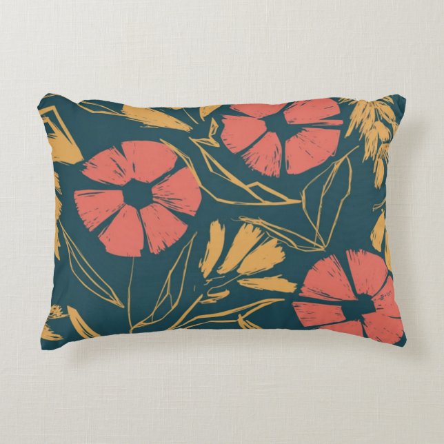 Vet Abstract bloemenkussen - Blauwgroen, koraal en Accent Kussen (Voorkant)