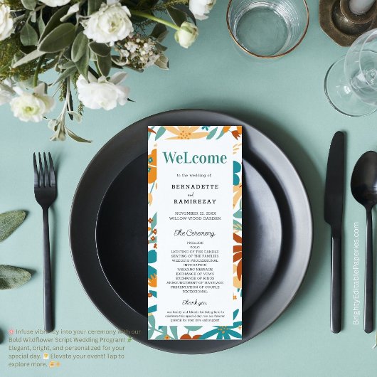 Vet Abstract Bright Wildflower Script Bruiloft Man Programmakaart