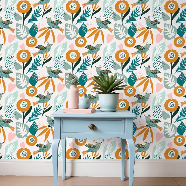 Vet Abstract Tropisch Vogels & Bloemenpatroon Behang (Bold Abstract Tropical Birds & Floral Pattern Wallpaper)