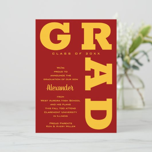 Vet AFSTUDEERDER Goud Kardinaal Rood Afstuderen Aankondiging (Staand voorkant)