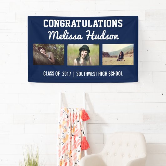 Vet Afstuderen Gefeliciteerd Drie Foto Blauw Spandoek (Insitu)