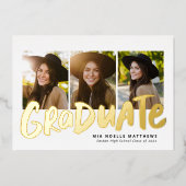 Vet afstuderen modern goud 3 foto-afstuderen folie uitnodiging (Voorkant)