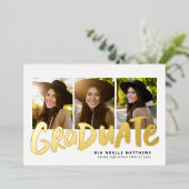 Vet afstuderen modern goud 3 foto-afstuderen folie uitnodiging (Staand Voorkant)