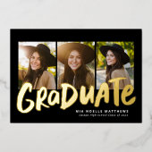 Vet afstuderen modern goud met drie foto's afstude folie uitnodiging (Voorkant)