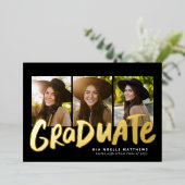 Vet afstuderen modern goud met drie foto's afstude folie uitnodiging (Staand Voorkant)