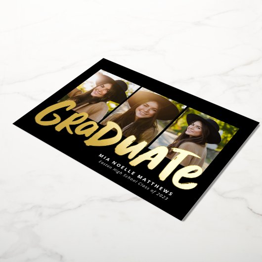 Vet afstuderen modern goud met drie foto's afstude folie uitnodiging (Gedraaid)