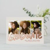 Vet afstuderen modern roos goud 3 foto afstuderen folie uitnodiging (Staand Voorkant)