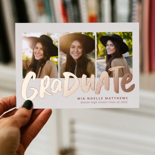 Vet afstuderen modern roos goud 3 foto afstuderen folie uitnodiging