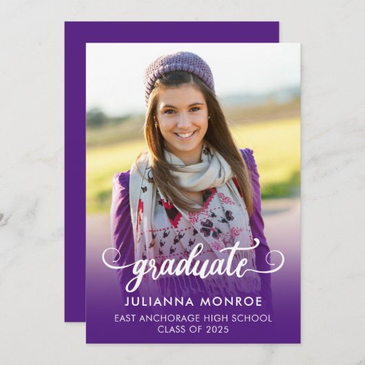 Vet Afstuderen Script Royal Paarse Afstuderen Aankondiging (Voorkant / Achterkant)