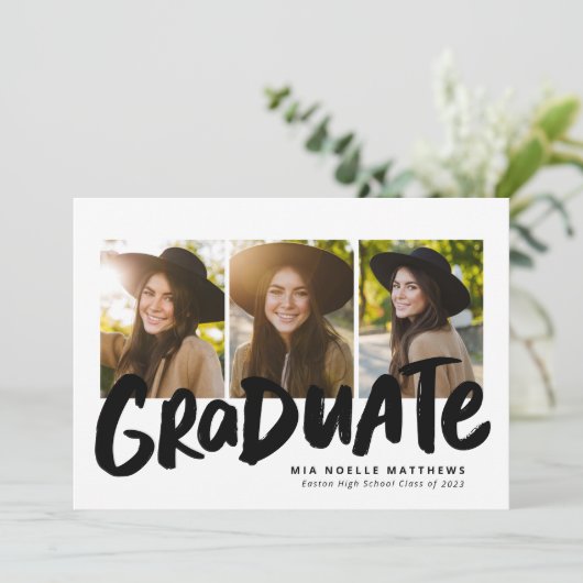 Vet afstuderen zwart wit drie foto-afstuderen aankondiging (Staand voorkant)