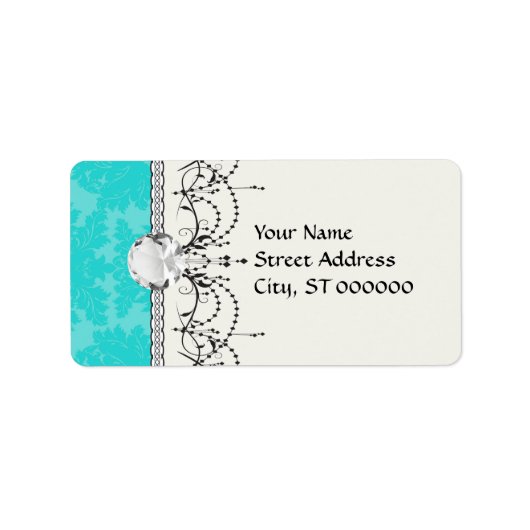 vet  aqua aquamarine blue damask patroon etiket (Voorkant)