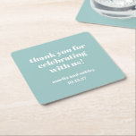 Vet Aqua Blue Retro Custom Wedding Bedankt Kartonnen Onderzetters<br><div class="desc">Voeg een doordachte touch aan uw bruiloft receptie of speciale gebeurtenis met deze gepersonaliseerde dank u onderzetters! Met een modern en minimalistisch design in zacht aquablauw met elegante witte typografie, zijn deze onderzetters een stijlvolle manier om de waardering van uw gasten te shows. met de namen en trouwdatum van het...</div>