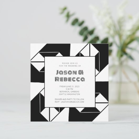 Vet Art Deco Zwart Wit Tegel Bruiloft Kaart (Staand voorkant)