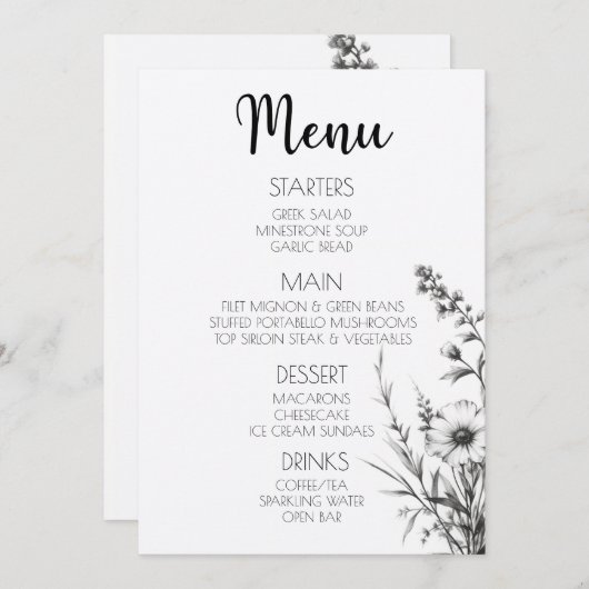 Vet B&W Wildflower Menu (Voorkant / Achterkant)