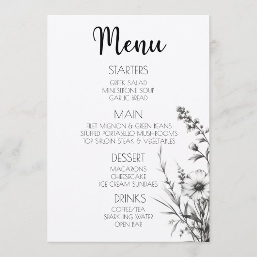 Vet B&W Wildflower Menu (Voorkant)