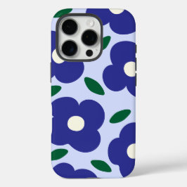 Vet Blauw Abstract Retro Bloempatroon iPhone 16 Pro Hoesje