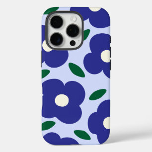 Vet Blauw Abstract Retro Bloempatroon iPhone 16 Pro Hoesje