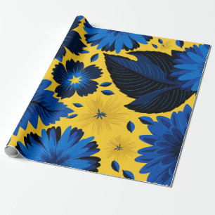 Vet Blauw Bloemen op Levendige Gele Achtergrond Cadeaupapier