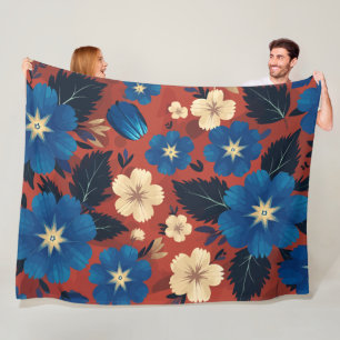 Vet Blauw En Crème Bloemen Op Rode Achtergrond Fleece Deken