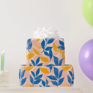 Vet Blauw en Geel Blad lithografie Patroon Cadeaupapier