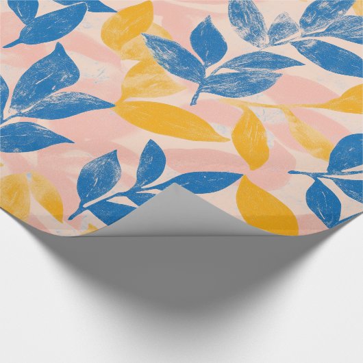 Vet Blauw en Geel Blad lithografie Patroon Cadeaupapier (Hoek)