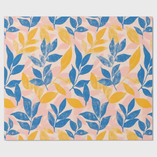 Vet Blauw en Geel Blad lithografie Patroon Cadeaupapier (Vlak)