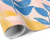 Vet Blauw en Geel Blad lithografie Patroon Cadeaupapier (Rol Hoek)