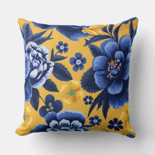 Vet Blauw en Geel Bloemen op een Gele achtergrond Kussen
