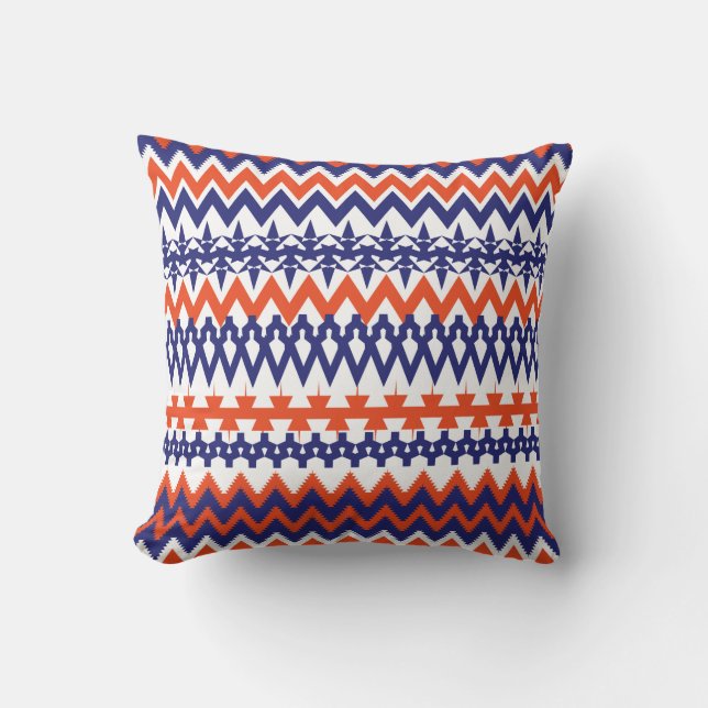 Vet blauw en Oranje tribaal Chevron Pattern Kussen (Voorkant)