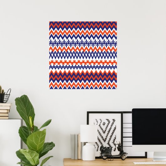 Vet blauw en Oranje tribaal Chevron Pattern Poster (Thuiskantoor)