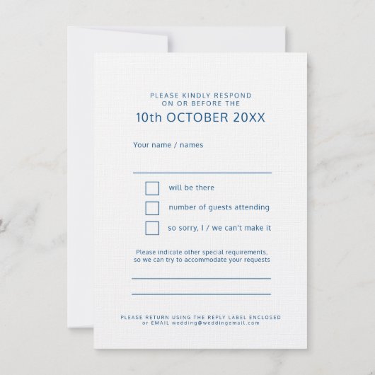 Vet blauw en witte tekst trouwreactie RSVP Kaart (Achterkant)