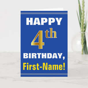 Vet, blauw, Faux Gold 4th Birthday met naam Kaart